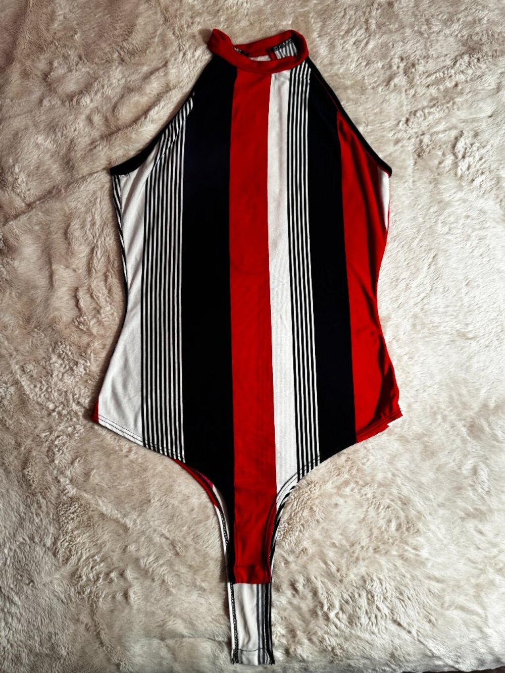 Womens High Neck Bodysuit Red Black White Striped Sleeveless Stretch Top